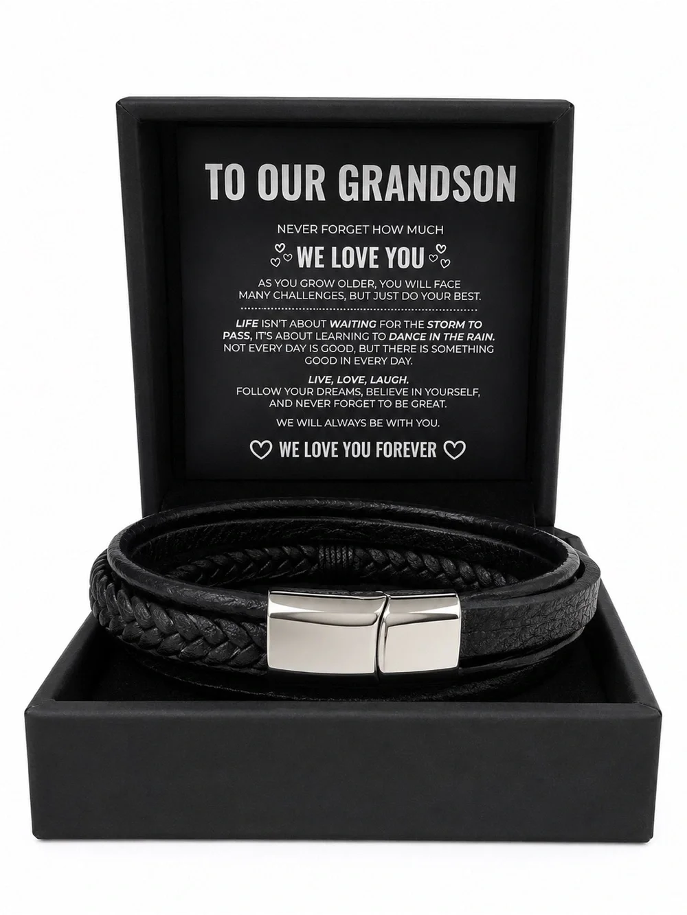 To Our Grandson Cross Leather Bracelet Gift | Stainless Steel | Gift Box Include